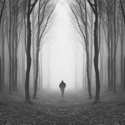 atmosfera tetra uomo che cammina in un sentiero in mezzo agli alberi e nebbia