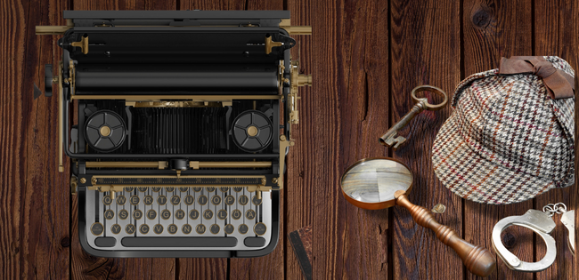 macchina da scrivere antica con oggetti che ricordano Sherlock Holmes lente chiave e cappello